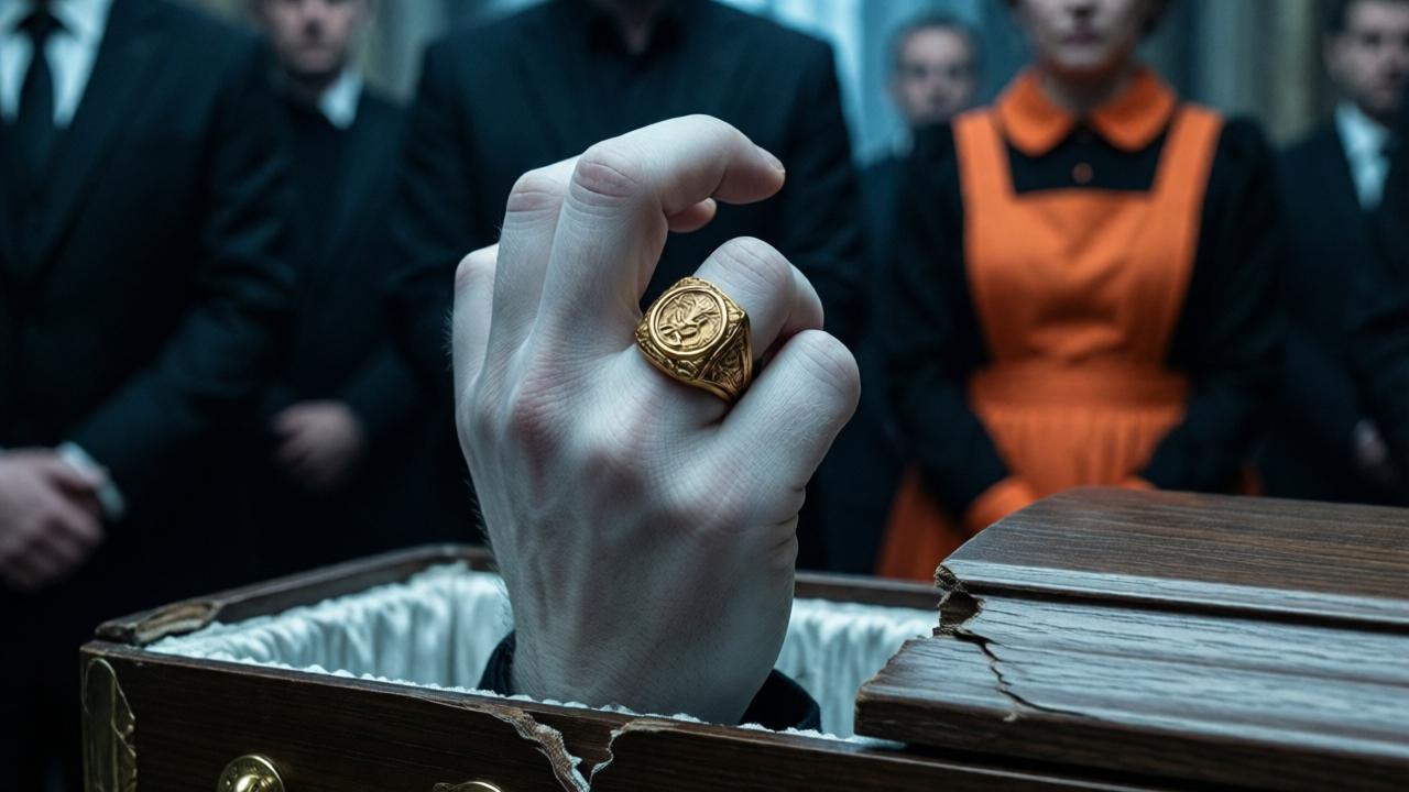 A close-up of a gold signet ring on a pale hand emerging from a broken coffin. The hand is trembling, fingers slightly curled. In the background, blurred figures of mourners in black and a maid in orange. The lighting is dramatic, with a cold blue tint contrasting with the warm gold of the ring. The mood is eerie and triumphant. High detail, macro photography style, sharp focus on the ring, emotional resonance.