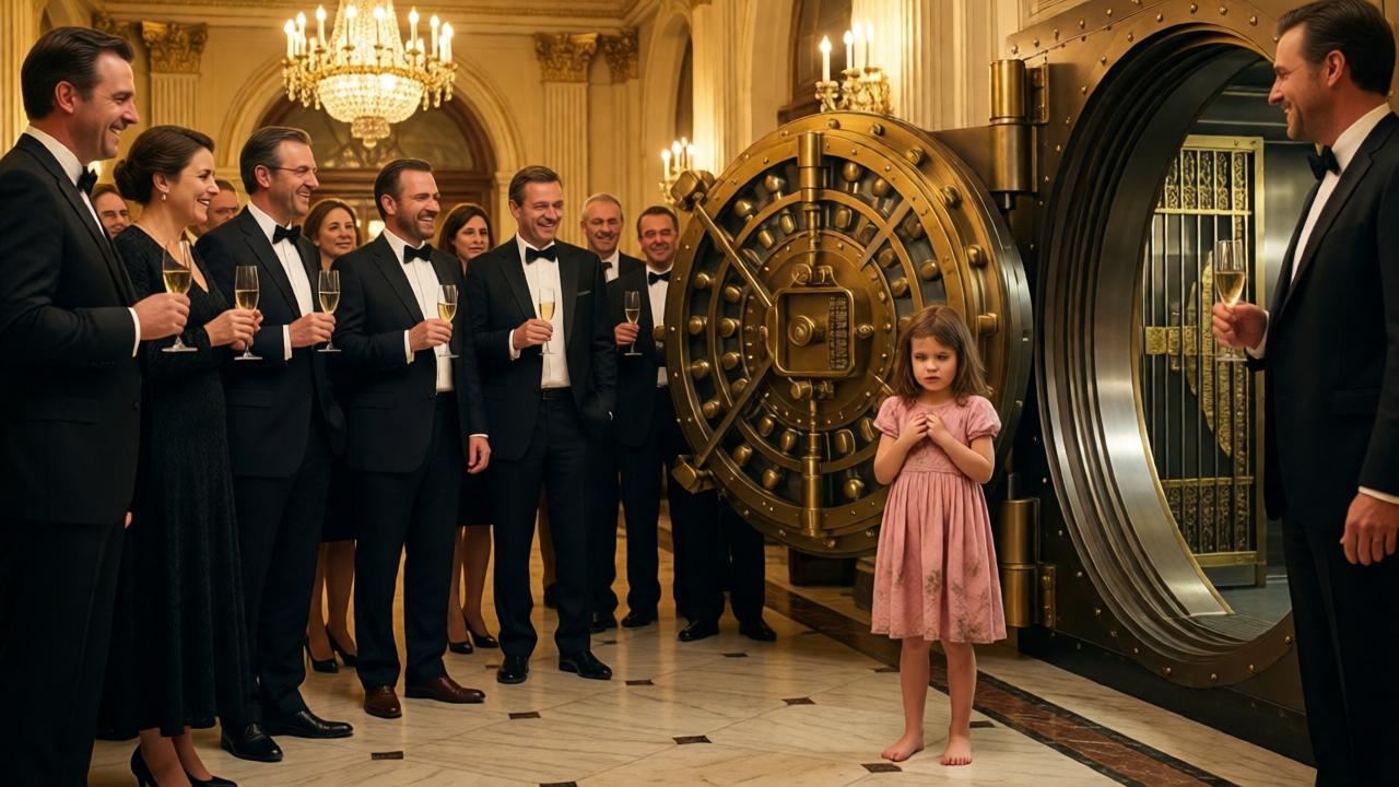 A grand bank hall with polished marble floors and golden chandeliers, a crowd of wealthy adults in evening attire holding champagne glasses, laughing and smirking at a small barefoot girl in a faded pink dress standing nervously near a massive brass vault door, warm golden lighting, detailed textures, realistic style, cinematic composition, shallow depth of field focusing on the girl's trembling hands and the vault behind her