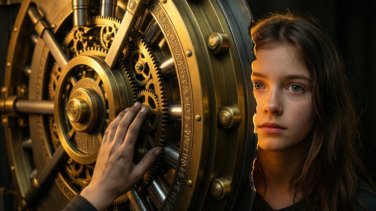 Close-up shot of a small dirty hand touching a massive brass vault locking wheel, intricate metal gears and engravings visible on the wheel surface, warm golden light spilling from a crack in the vault door, the girl's face half-illuminated with wide eyes and calm expression, dramatic shadows, photorealistic style, cinematic lighting, high contrast between dark background and glowing light