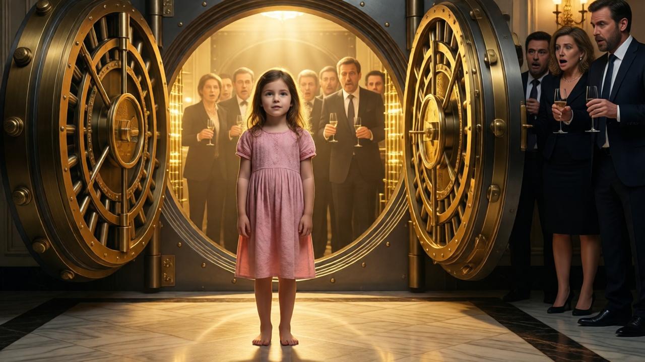 A small barefoot girl in a faded pink dress standing in front of an open brass vault door, warm golden light pouring out and illuminating her face, her expression calm and knowing, behind her a crowd of wealthy adults frozen in shock with dropped champagne glasses, marble floor reflecting the golden glow, dramatic lighting, photorealistic style, cinematic composition, sense of awe and mystery