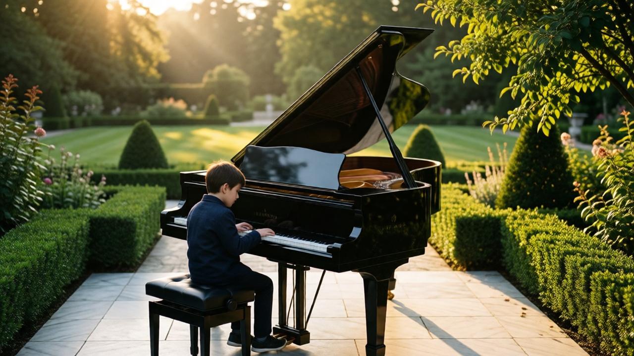 A grand piano sits in the center of a lush, sunlit garden at the Caldwell estate. Soft afternoon light spills across marble paths and trimmed hedges. A young blind boy with dark hair sits at the piano, his fingers resting on the keys. The scene is serene yet melancholic, with warm golden tones, soft shadows, and a gentle breeze stirring leaves. The mood is haunting and beautiful, captured from a low angle looking up at the boy and the piano.