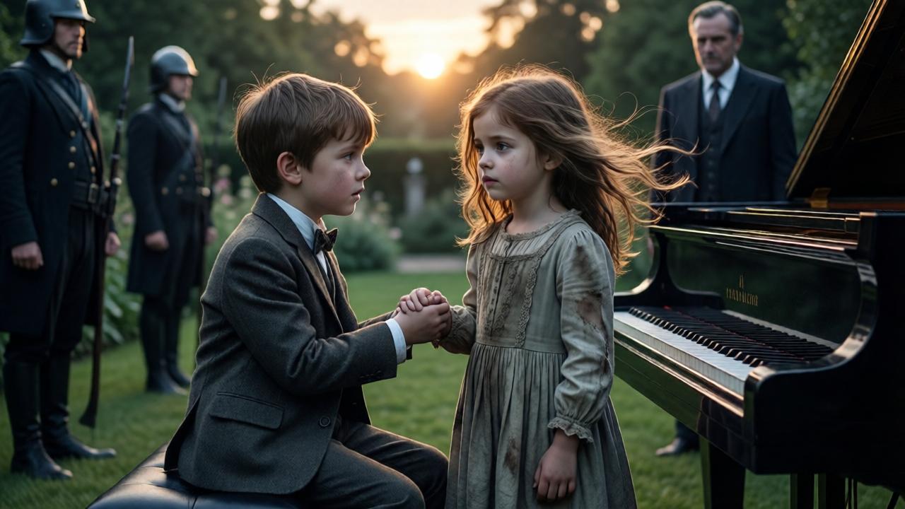 A tense garden scene at twilight. A young boy in fine clothes sits on a piano bench, gripping the hand of a small girl in a faded, worn dress. Her messy brown hair blows in the wind. Guards and a wealthy older man in a suit stand frozen in the background. The girl’s eyes are calm and knowing, while the boy’s face shows a mix of fear and wonder. Dramatic lighting casts long shadows, with a soft golden glow from the setting sun. The mood is mysterious and charged with supernatural undertones.