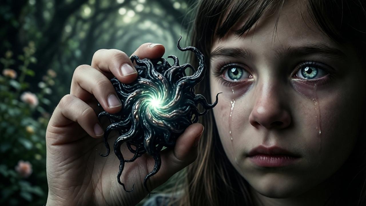 Close-up of a girl's hand holding a dark, writhing object that glows with a faint, unnatural light. The object appears organic, with tendrils and a pulsing core. Behind her, the garden blurs into a vortex of shadow and light. The boy’s tear-streaked face is reflected in her eyes, which shine with an ancient, otherworldly intelligence. Dramatic chiaroscuro lighting, deep blacks and intense highlights, creating a sense of horror and revelation. The composition is tight and claustrophobic, focusing on the hand and the object.