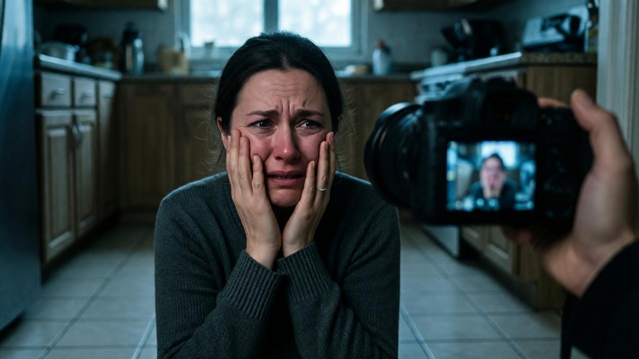 A dimly lit kitchen with a middle-aged woman on a tiled floor, clutching her cheek and crying dramatically. The camera is held by an unseen hand, capturing a blurred background of cabinets and a counter. The scene feels tense and staged, with harsh shadows and a cold, bluish light from a window. Realistic style, moody atmosphere, cinematic composition.