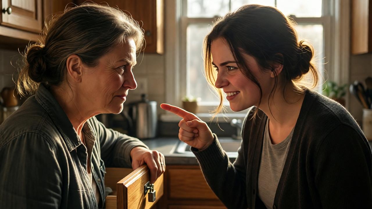 A tense kitchen confrontation between a young woman and an older woman. The older woman has her hand on a locked drawer, looking defiant. The young woman points angrily, her face flushed with frustration. Sunlight streams through a window, casting long shadows. The older woman’s expression shifts to a sly smile. Realistic digital art, dramatic lighting, close-up perspective, emotional intensity.