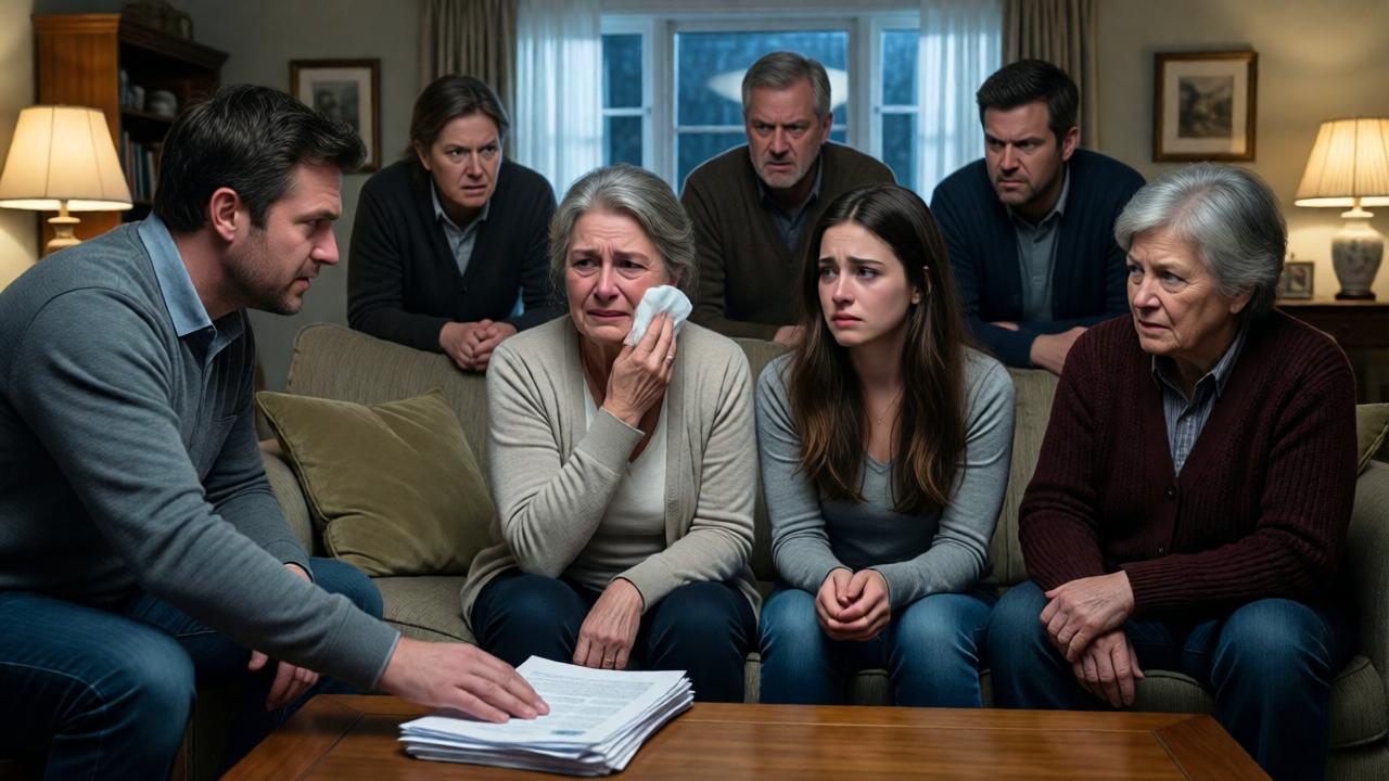 A living room filled with angry relatives, all staring at a young woman sitting alone on a couch. An older woman in the center holds an ice pack to her cheek, crying. A man places a stack of papers on a coffee table. The room is warmly lit but feels cold and hostile. The young woman looks devastated, with tears in her eyes. Realistic style, wide-angle perspective, tense atmosphere, dramatic shadows.