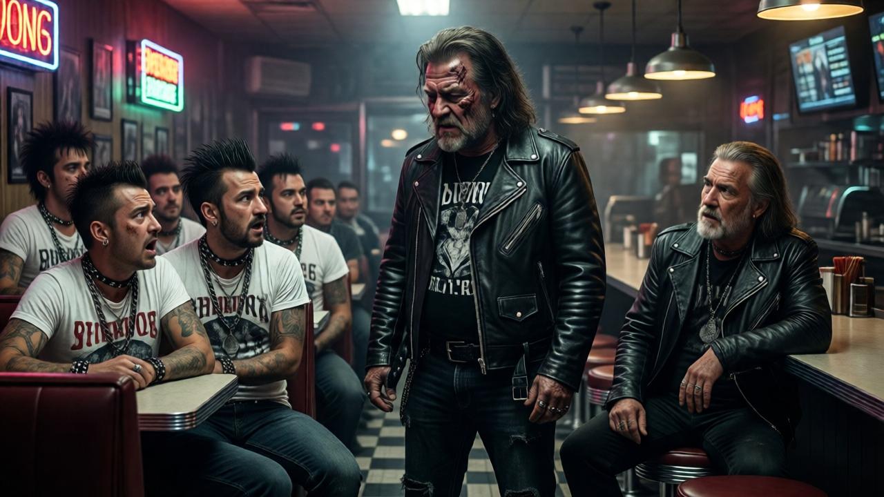 Inside a dimly lit diner, a group of young punks in white t-shirts and chains look terrified as a large, scarred biker in leather stands before them, the old biker watching from his stool, tension and fear palpable, dramatic lighting from neon signs, film noir style, high contrast, cinematic, moody