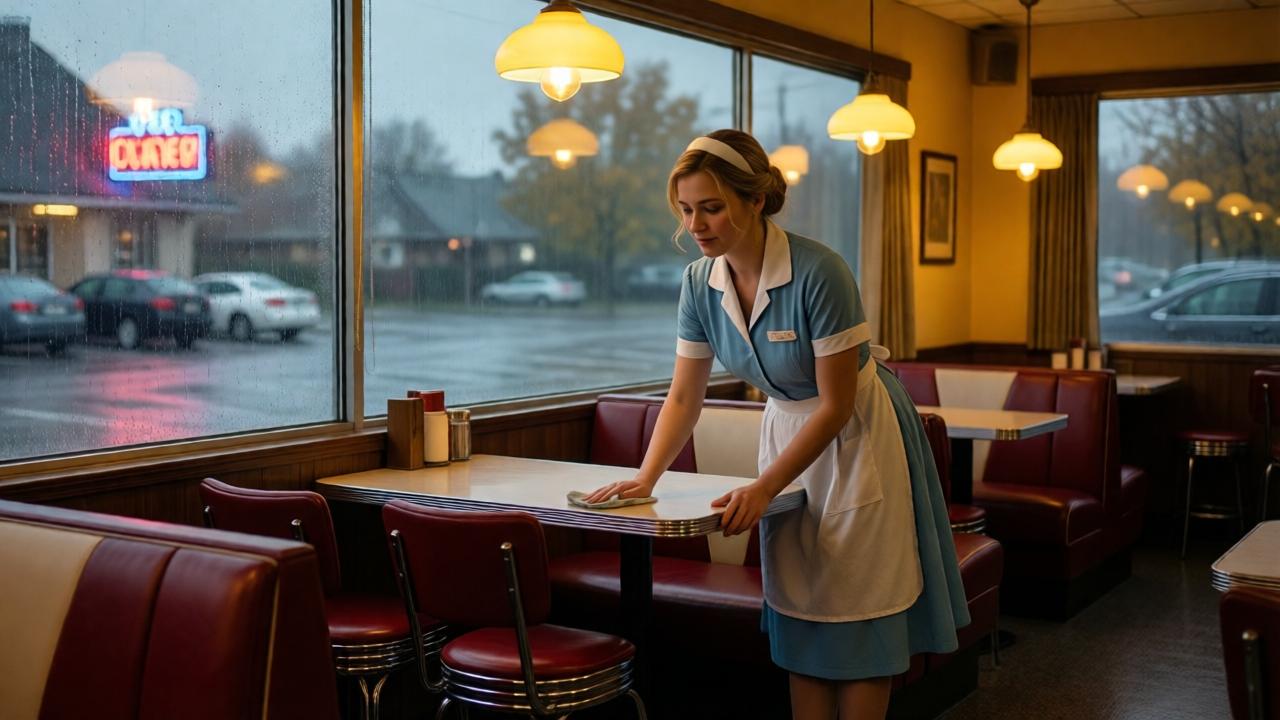 A cozy 1950s-style American diner interior on a rainy autumn morning. Warm yellow light from incandescent lamps illuminates chrome stools and red leather booths. A young blonde waitress in a light blue uniform and white apron wipes a table near a fogged-up window. Outside, gray sky and heavy rain blur the view. The neon sign outside casts red and blue reflections on the wet parking lot. Moody, atmospheric, cinematic lighting with soft focus on the waitress's tired but kind expression.