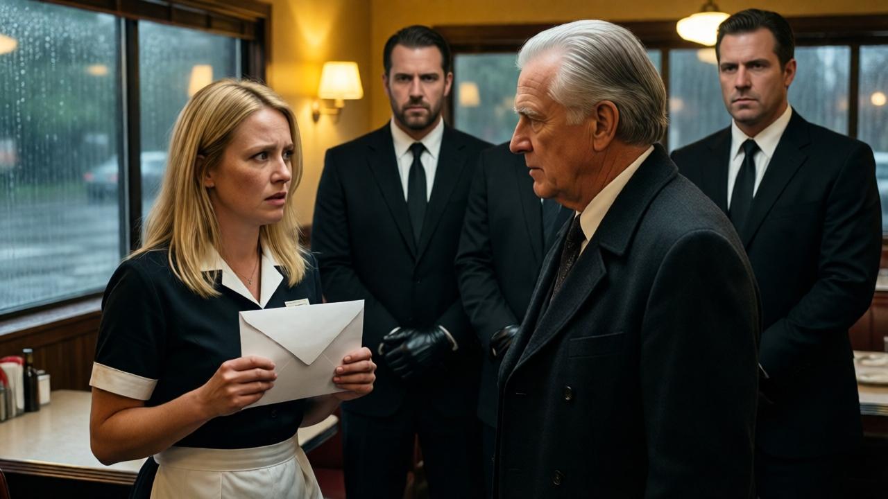 A tense diner scene at Maggie's Diner on a rainy day. A young waitress with light blonde hair and freckles stands frozen, holding a thick white envelope. An elderly man in a dark coat and polished suit faces her, his silver hair combed back. Three men in black suits and leather gloves stand behind him, silent and imposing. Warm yellow lighting contrasts with the gray rain outside the windows. The atmosphere is dramatic, mysterious, and emotional. Cinematic composition with shallow depth of field.