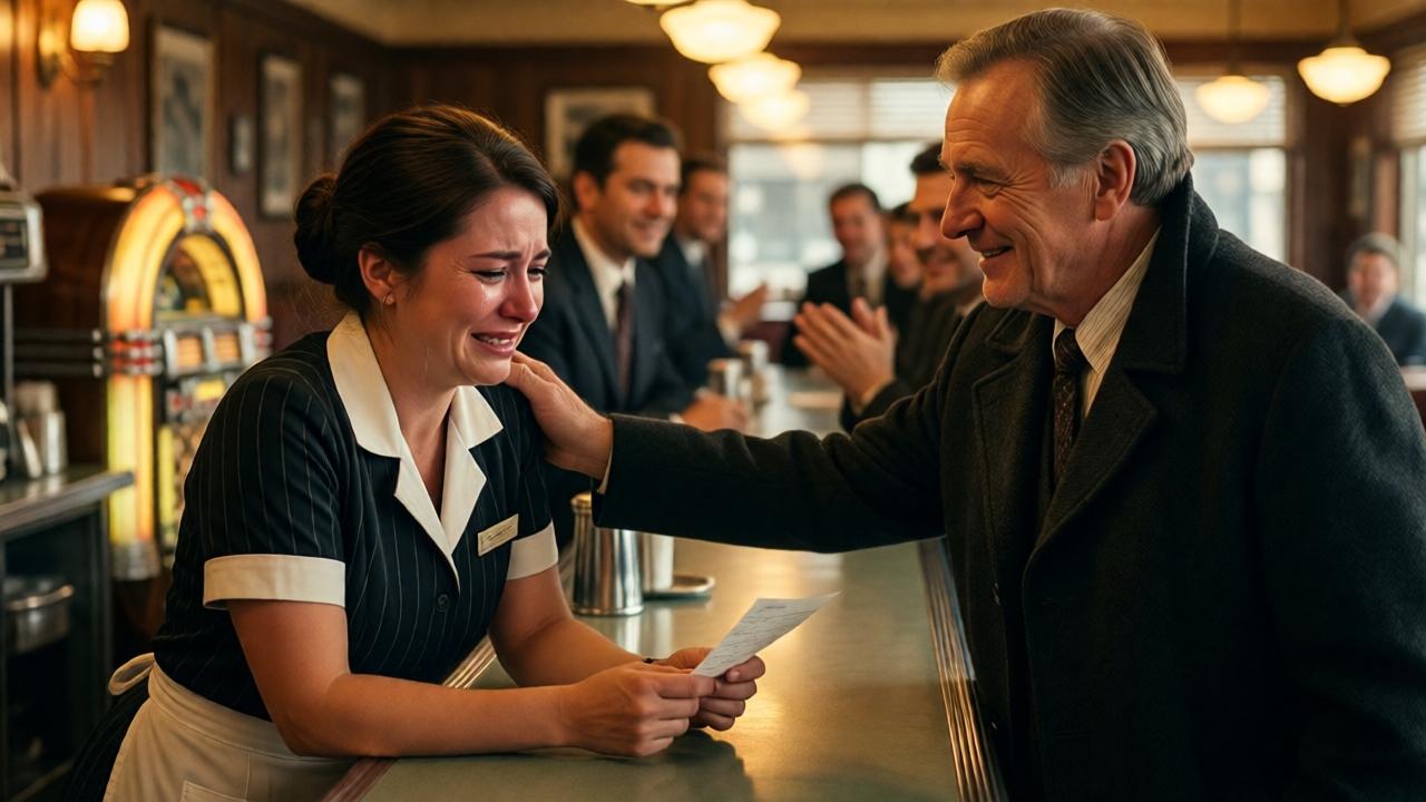 An emotional moment at a vintage diner counter. A young waitress with tears streaming down her face holds a check in her trembling hands. An elderly gentleman in a dark coat stands beside her, his hand on her shoulder, smiling gently. Behind them, blurred figures of men in suits and a few diner customers clapping. Warm amber light, soft reflections on chrome surfaces, and the glow of a jukebox in the background. Cinematic, heartfelt, with a sense of hope and redemption.