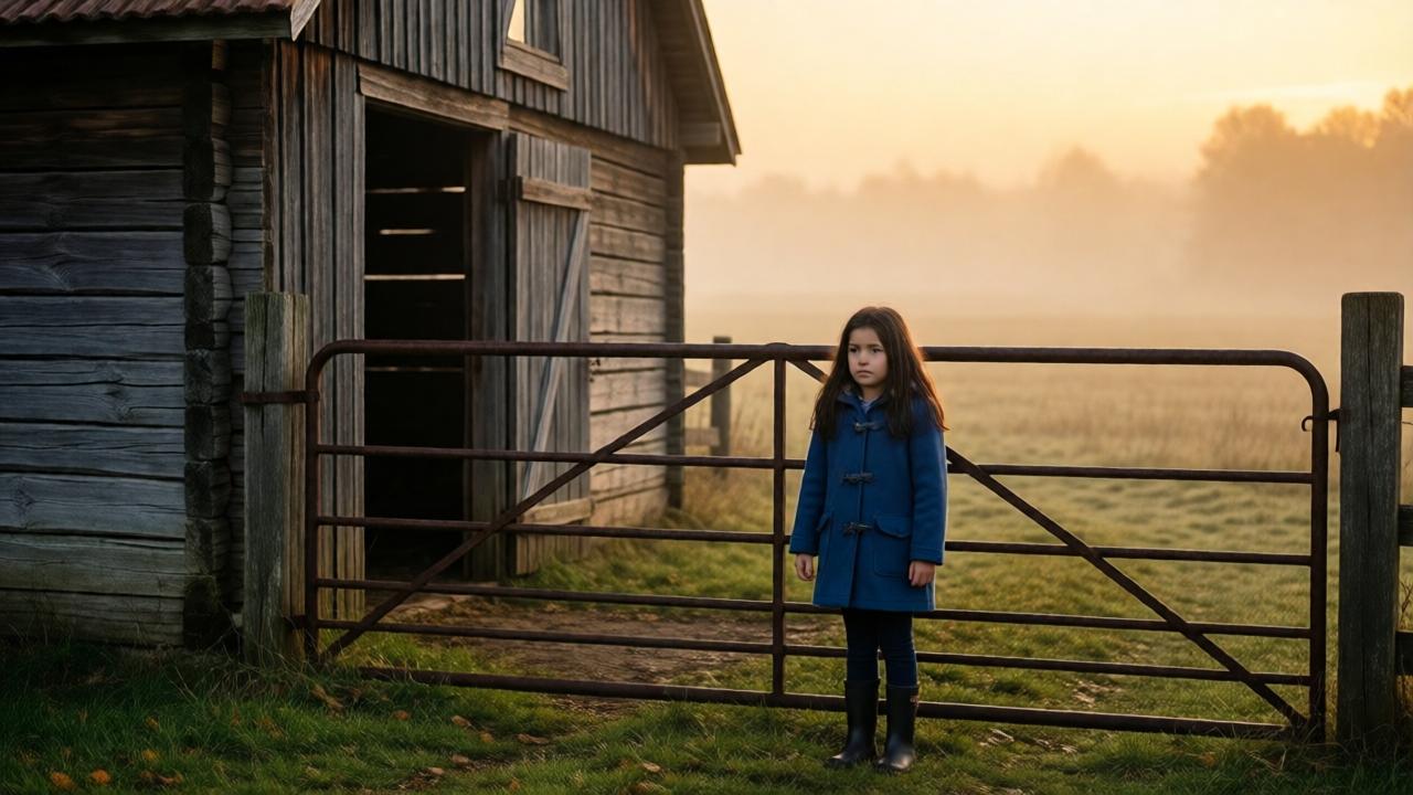 A foggy autumn morning in a small rural town, a nine-year-old girl with long dark hair in a blue coat and boots stands at a rusted iron gate leading to an old wooden stable, the wood gray and cracked, the fog hanging low over the fields, light the color of old honey, a sense of quiet determination and secret courage, cinematic composition, soft focus, warm amber tones, photorealistic style