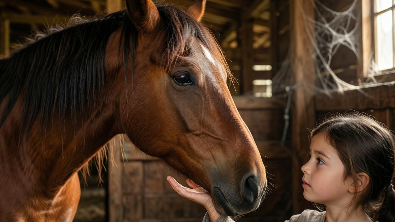 Close-up of a small girl's hand raised palm-up, a large chestnut horse with tangled dark mane and visible ribs slowly lowering its head to touch its nose to her palm, the horse's eyes deep and tired but softening, the girl's face showing quiet awe and tenderness, inside a dim wooden stable with cobwebs and cracks of light, emotional and intimate, soft focus on the connection, warm amber and brown tones, photorealistic style