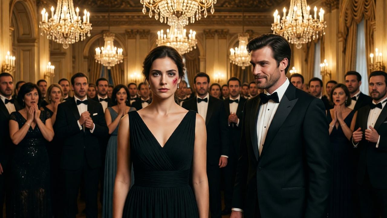 A grand ballroom filled with elegantly dressed guests in formal attire, crystal chandeliers casting warm golden light, a woman in a plain black gown stands alone with a bruised cheek, her expression calm and defiant, while a man in a tuxedo smirks nearby, the crowd frozen in shock, cinematic lighting, dramatic shadows, high contrast, photorealistic style