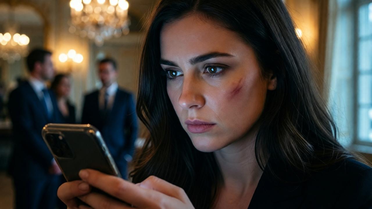 Close-up of a woman's hands holding a phone, her face half-lit by the screen, a faint bruise on her cheek, background shows blurry figures in formal wear and chandeliers, tense atmosphere, cold blue and warm amber lighting, shallow depth of field, cinematic composition, photorealistic
