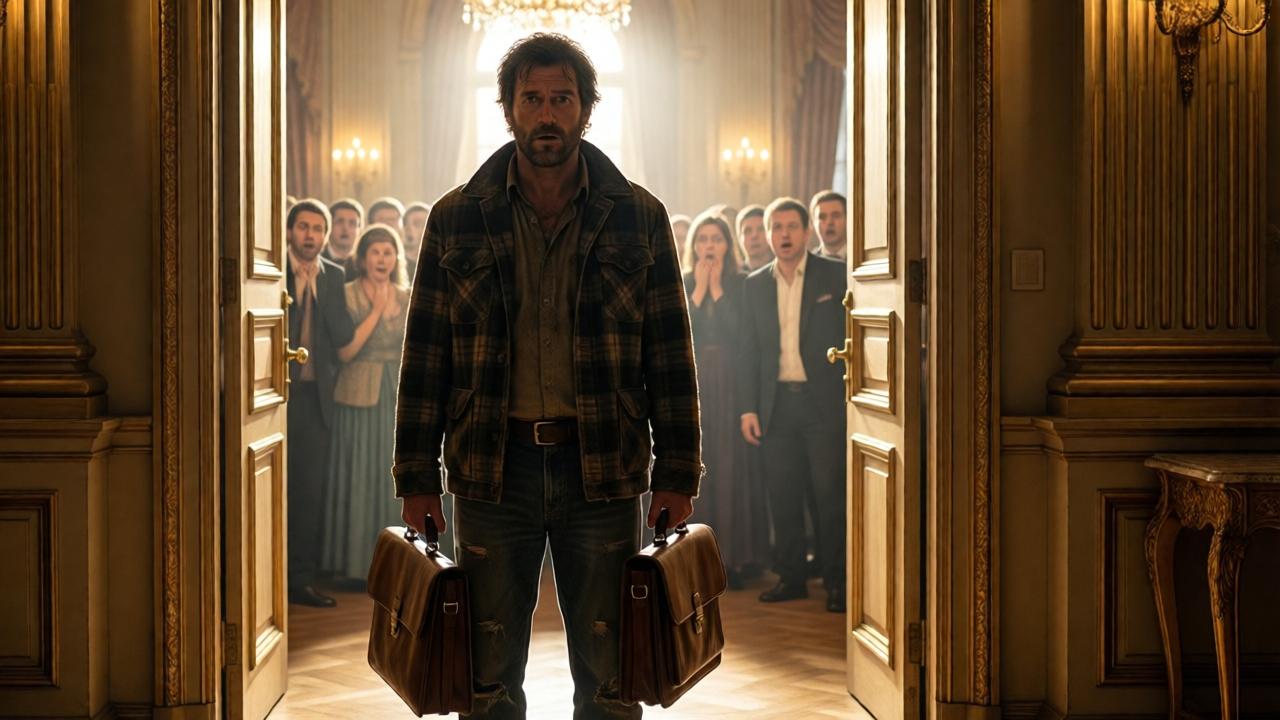 A man in a weathered flannel jacket and jeans stands in a grand doorway, holding a leather briefcase, silhouetted against bright hallway light, the ballroom crowd behind him frozen in shock, dramatic contrast between his humble attire and opulent surroundings, golden light spilling in, cinematic wide shot, photorealistic style