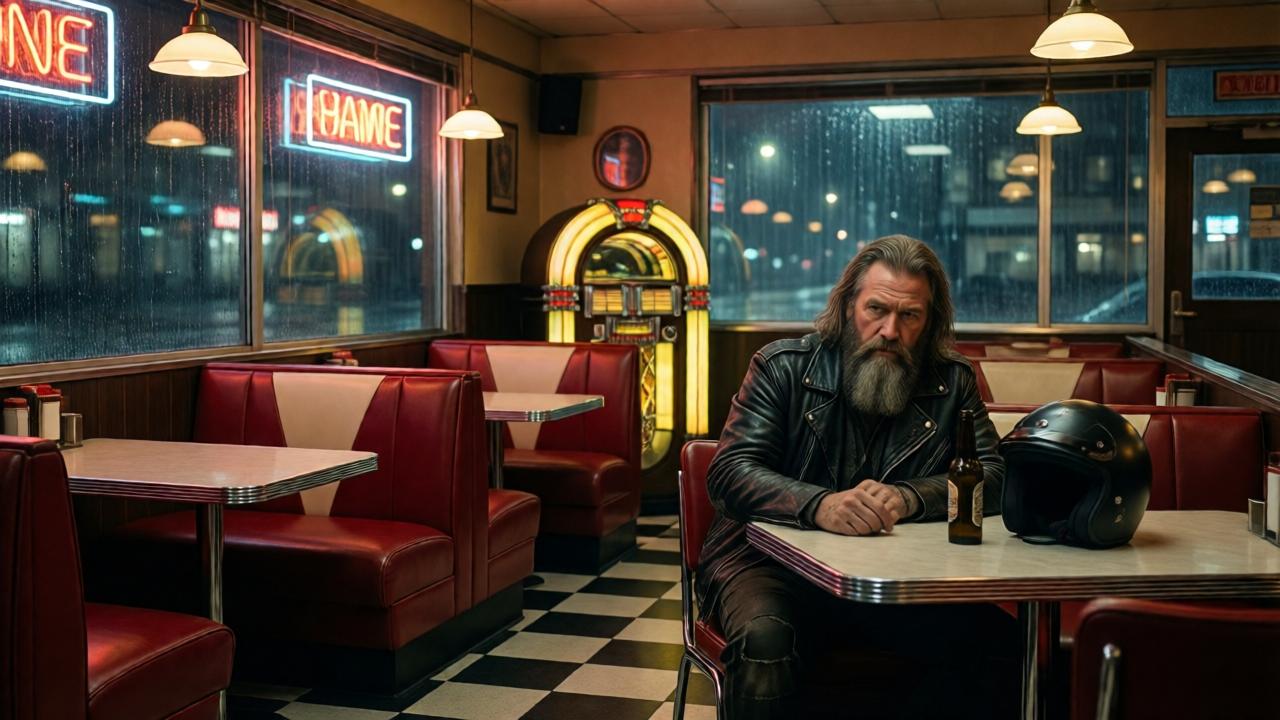 Interior of a vintage 1950s diner at night, rain streaming down the neon-lit windows, red leather booths and chrome-edged tables, a jukebox glowing in the corner, an old European biker with long gray beard and worn black leather jacket sitting alone at a table with a black helmet and beer bottle, moody cinematic lighting with deep shadows and warm amber tones, photorealistic style, wide-angle shot capturing the entire diner atmosphere