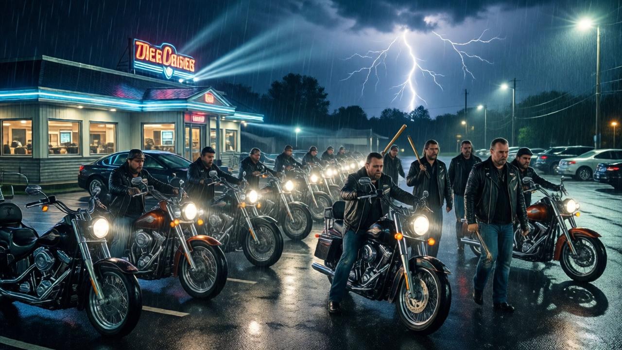 Nighttime parking lot of a vintage diner in heavy rain, dozens of motorcycles including Harleys and custom choppers with roaring engines, a group of tough bikers in wet leather jackets stepping off their bikes, some carrying baseball bats, dramatic headlight beams cutting through rain and darkness, stormy sky with lightning, cinematic wide shot with high contrast and blue-green tones, photorealistic style